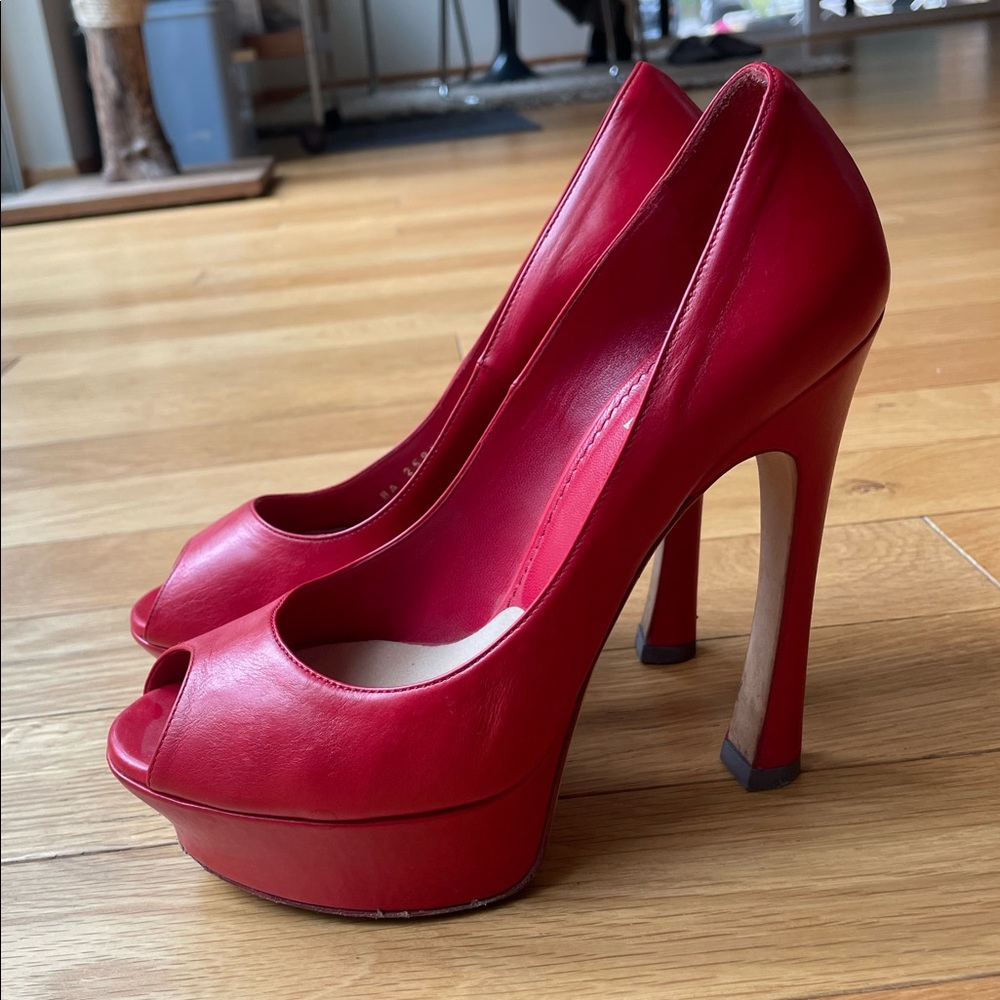 Saint Laurent Red Leather Palais Platform Pumps peep toe 38.5